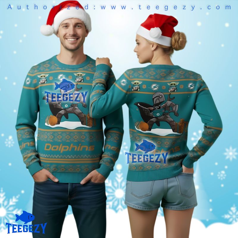 Miami Dolphins Boba Fett Style Ugly Christmas Jumper Grogu Fan Gift