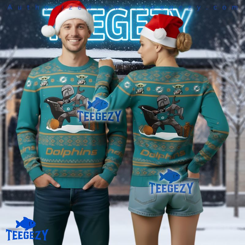 Miami Dolphins Boba Fett Style Ugly Christmas Jumper Grogu Fan Gift Miami Dolphins Boba Fett Style Ugly Christmas Jumper Grogu Fan Gift