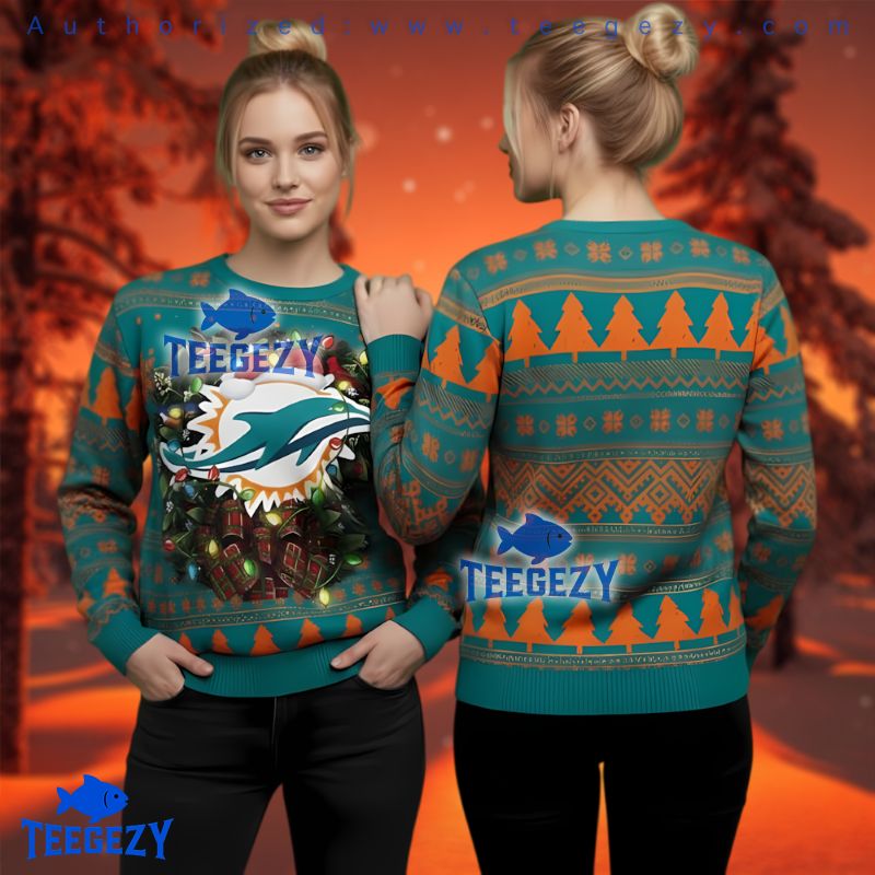 Miami Dolphins Christmas Wreath Light Ugly Sweater Orange Blue Holiday