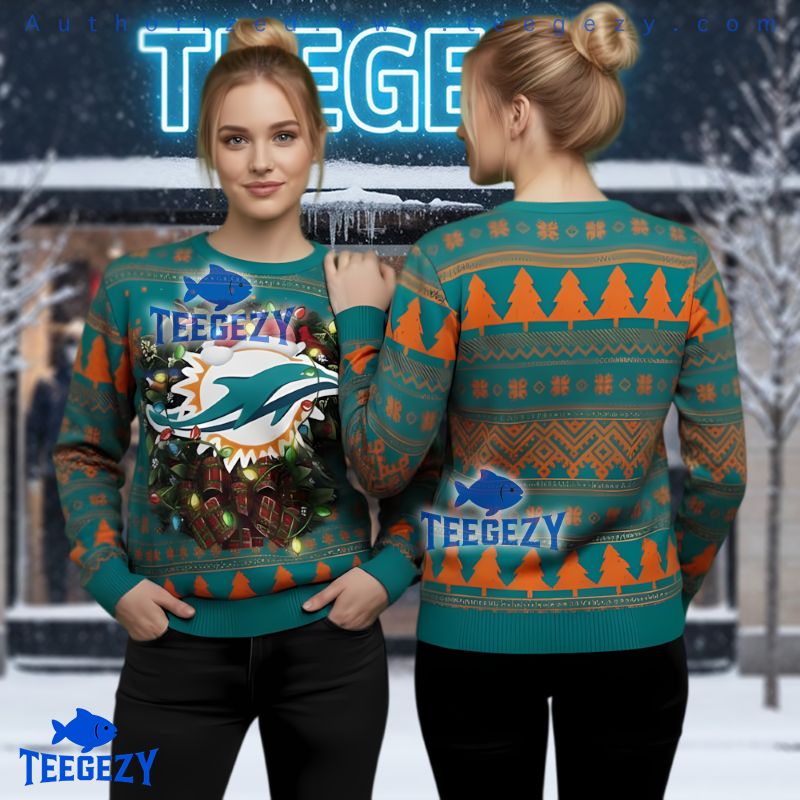 Miami Dolphins Christmas Wreath Light Ugly Sweater Orange Blue Holiday Miami Dolphins Christmas Wreath Light Ugly Sweater Orange Blue Holiday