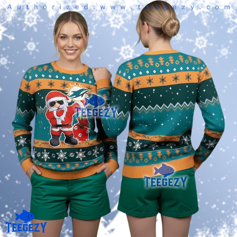 Miami Dolphins Dabbing Santa Claus Ugly Christmas Sweater 3D Print