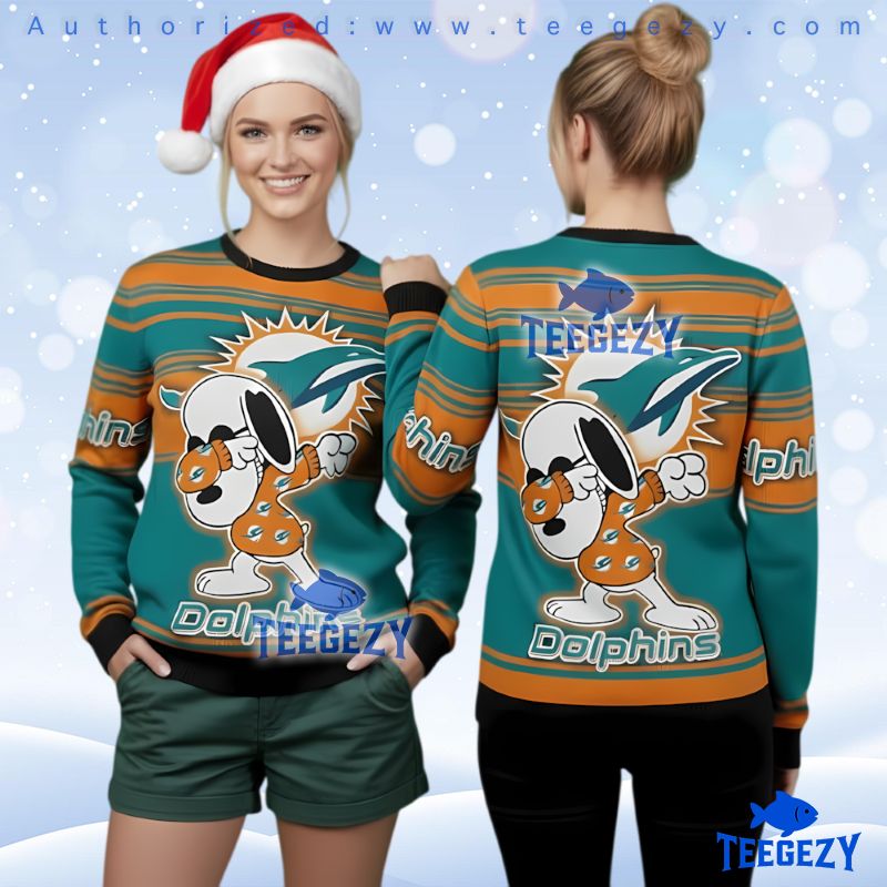 Miami Dolphins Dabbing Snoopy Ugly Christmas Sweater 3D Print