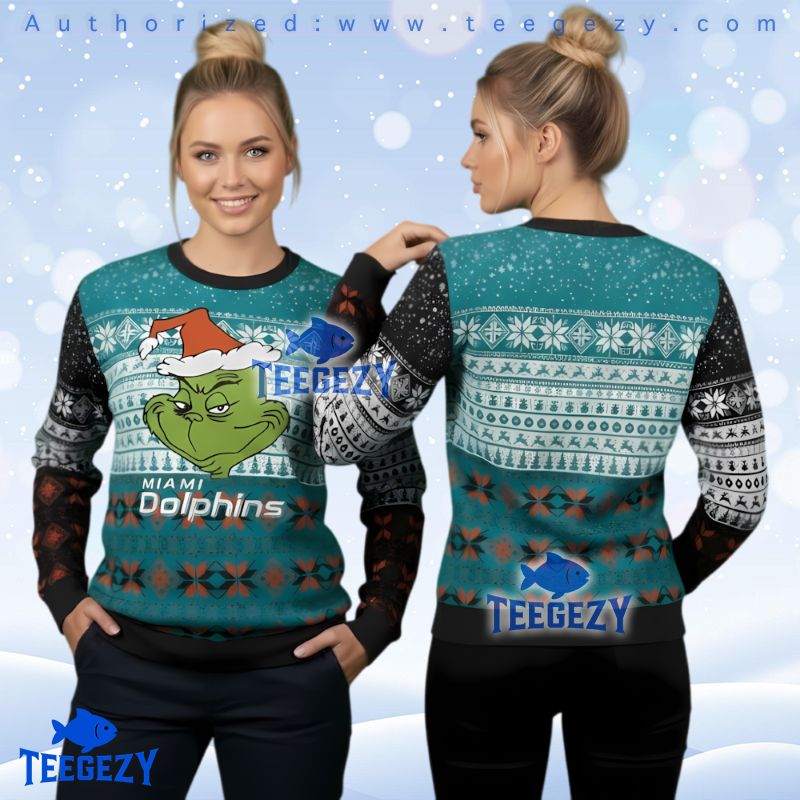 Miami Dolphins Dr Seuss Grinch Ugly Christmas Sweater Party Gameday