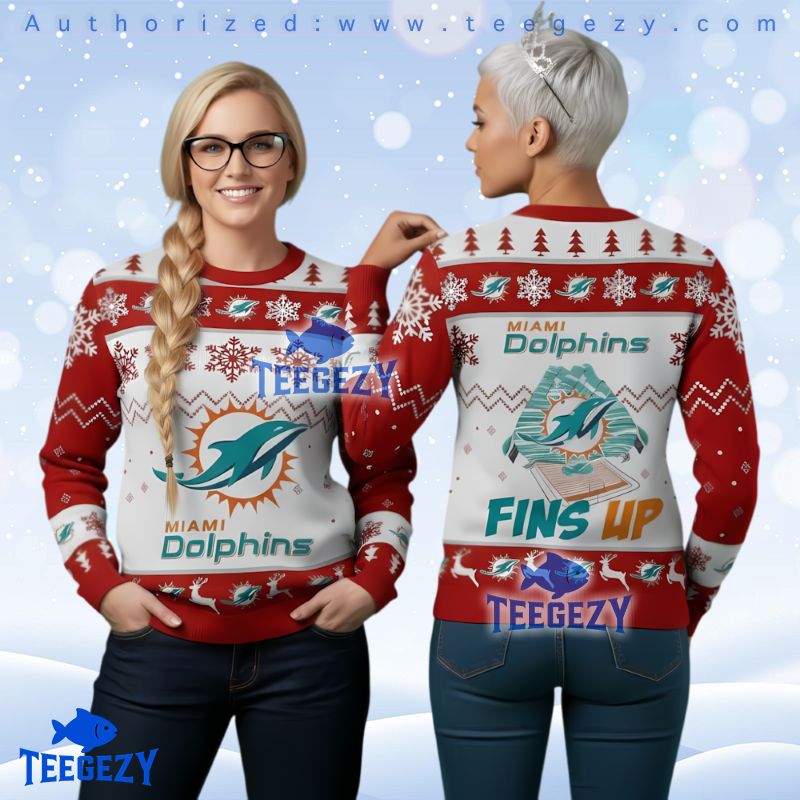 Miami Dolphins Fins Up Ugly Christmas Sweater Red White Holiday