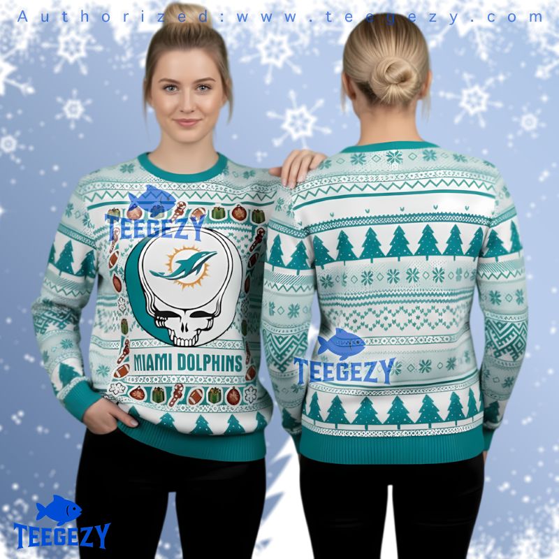 Miami Dolphins Grateful Dead Ugly Christmas Sweater Steal Your Face