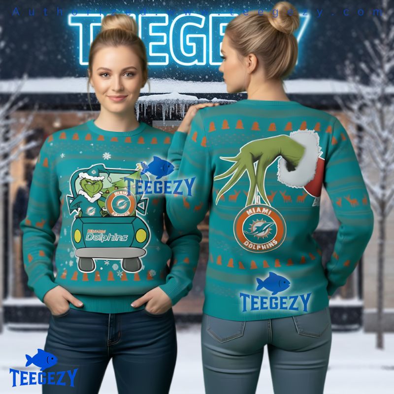 Miami Dolphins Grinch Driving Ugly Christmas Sweater Holiday Fan Gift Miami Dolphins Grinch Driving Ugly Christmas Sweater Holiday Fan Gift