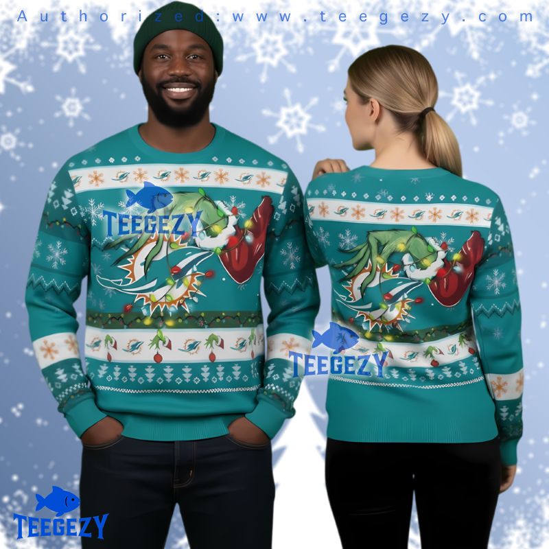 Miami Dolphins Grinch Hand Stealing Logo Ugly Christmas Sweater