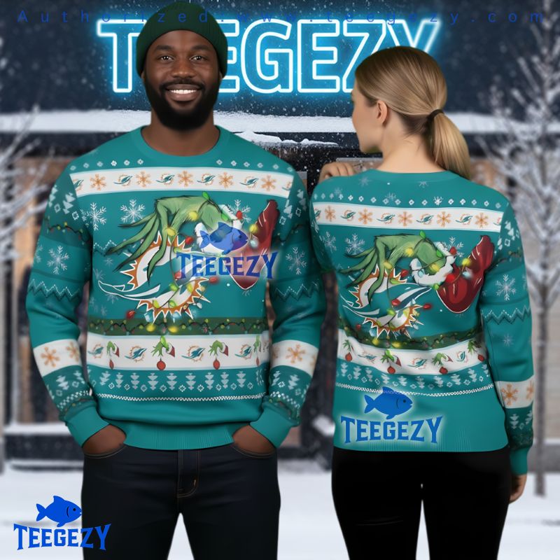 Miami Dolphins Grinch Hand Stealing Logo Ugly Christmas Sweater Miami Dolphins Grinch Hand Stealing Logo Ugly Christmas Sweater