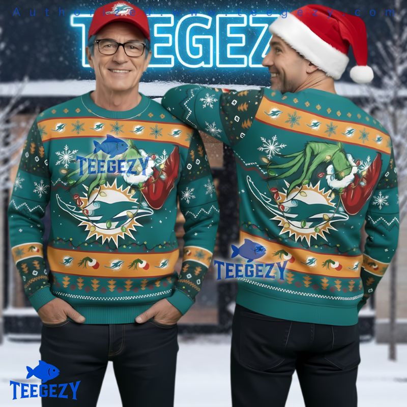 Miami Dolphins Grinch Hand Ugly Christmas Sweater Fan Gift Miami Dolphins Grinch Hand Ugly Christmas Sweater Fan Gift
