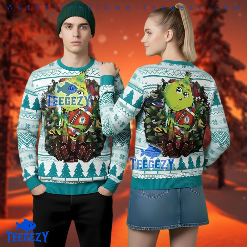 Miami Dolphins Grinch Hug Football Ugly Christmas Sweater Festive