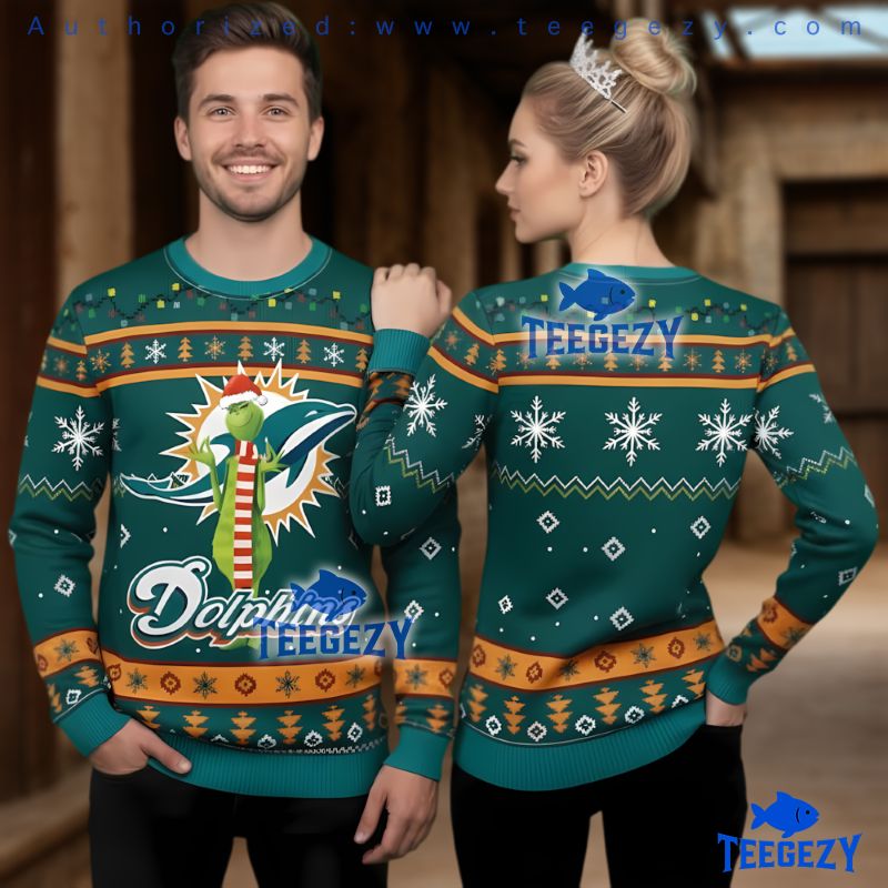 Miami Dolphins Grinch Mascot Ugly Christmas Sweater 3D Print