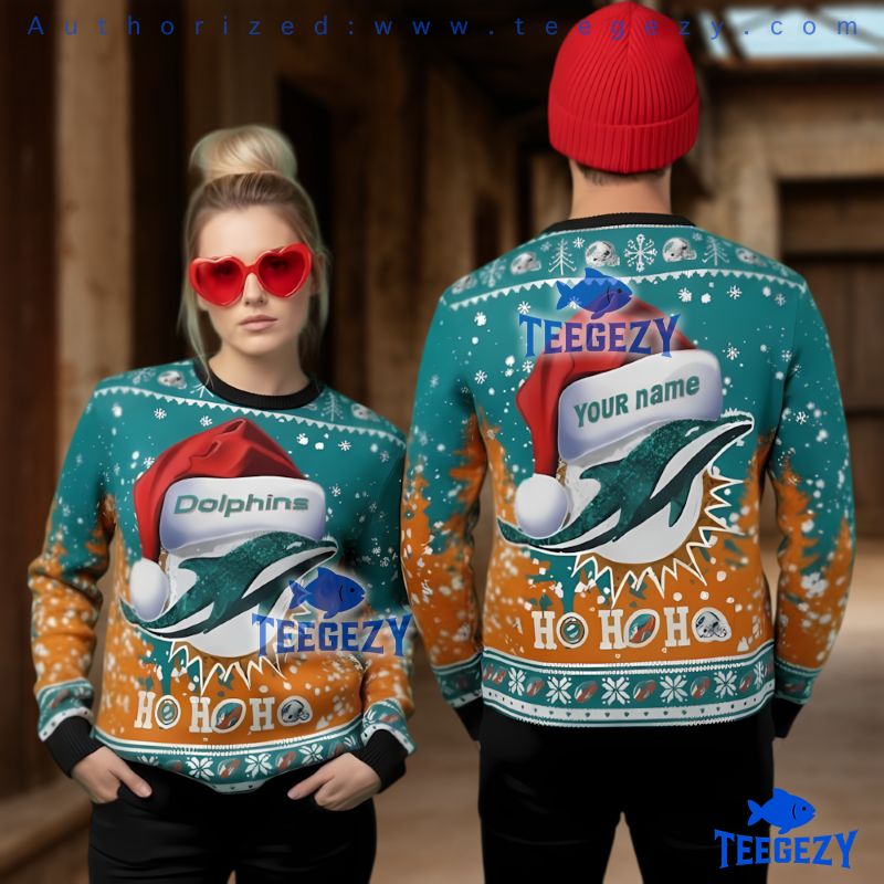 Miami Dolphins Ho Ho Ho Ugly Christmas Sweater Custom Name