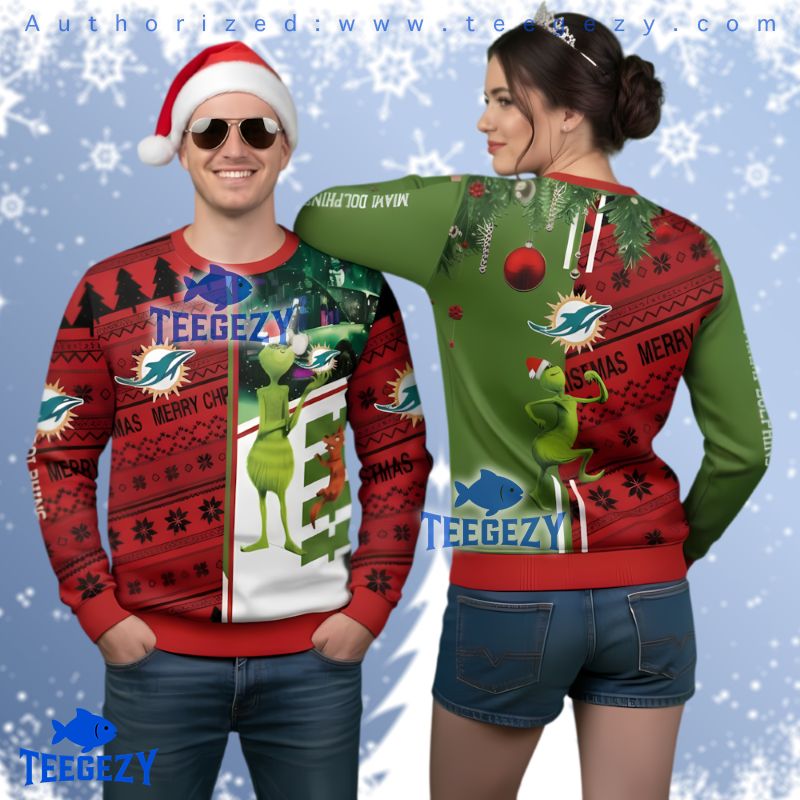 Miami Dolphins Max The Dog Grinch Ugly Christmas Sweater