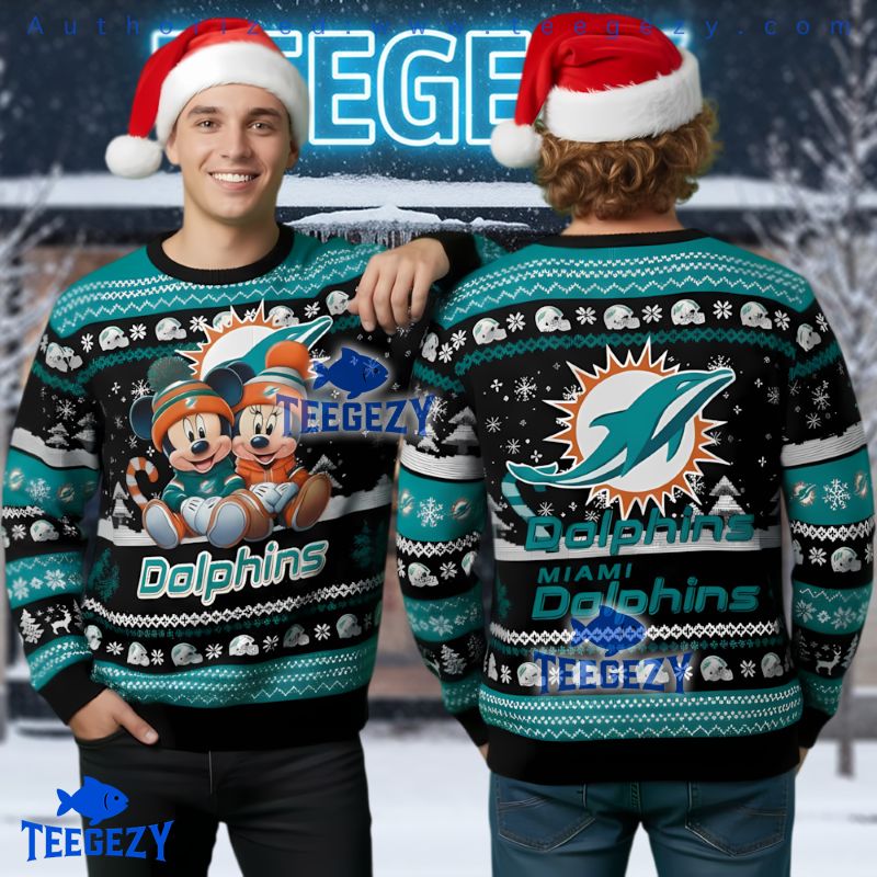 Miami Dolphins Mickey Minnie Ugly Christmas Sweater Holiday Miami Dolphins Mickey Minnie Ugly Christmas Sweater Holiday