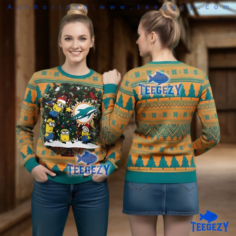 Miami Dolphins Minions Christmas Tree Ugly Sweater 3D Printed