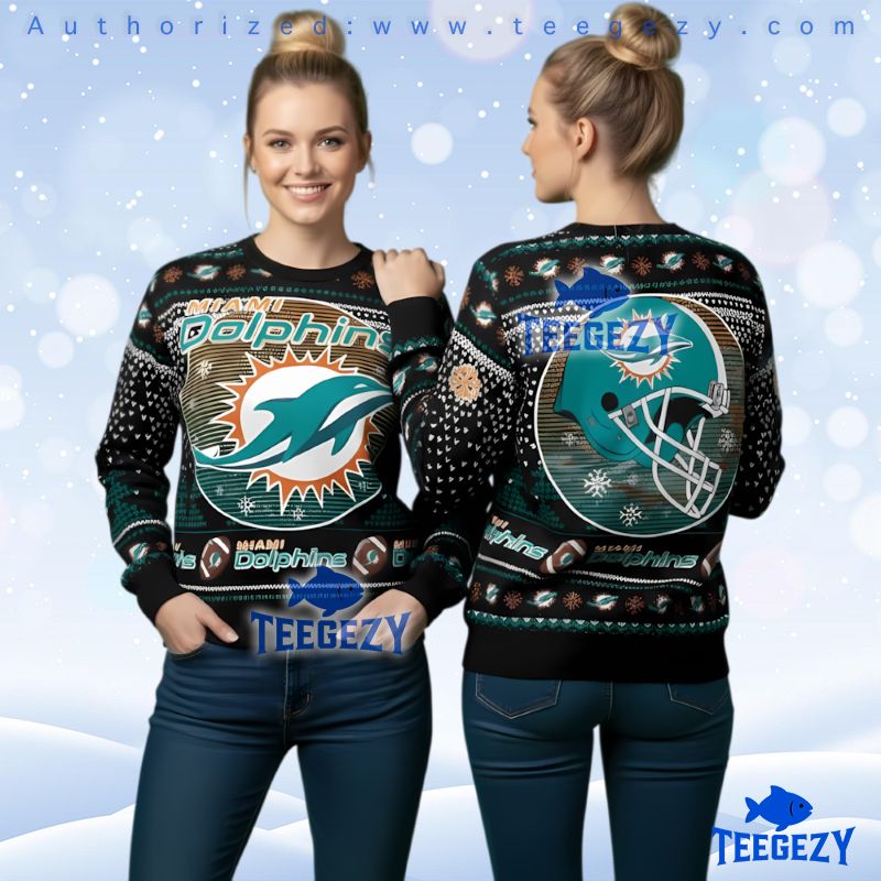 Miami Dolphins Official Logo Ugly Christmas Sweater Black 3D Print