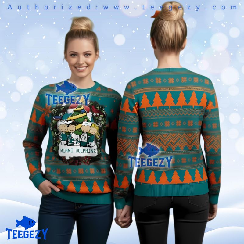 Miami Dolphins Peanuts Gang Christmas Tree Ugly Sweater 3D Print
