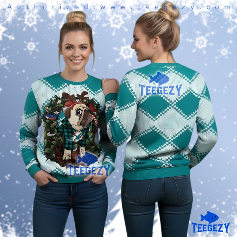Miami Dolphins Pug Dog Ugly Christmas Sweater For Pet Lovers