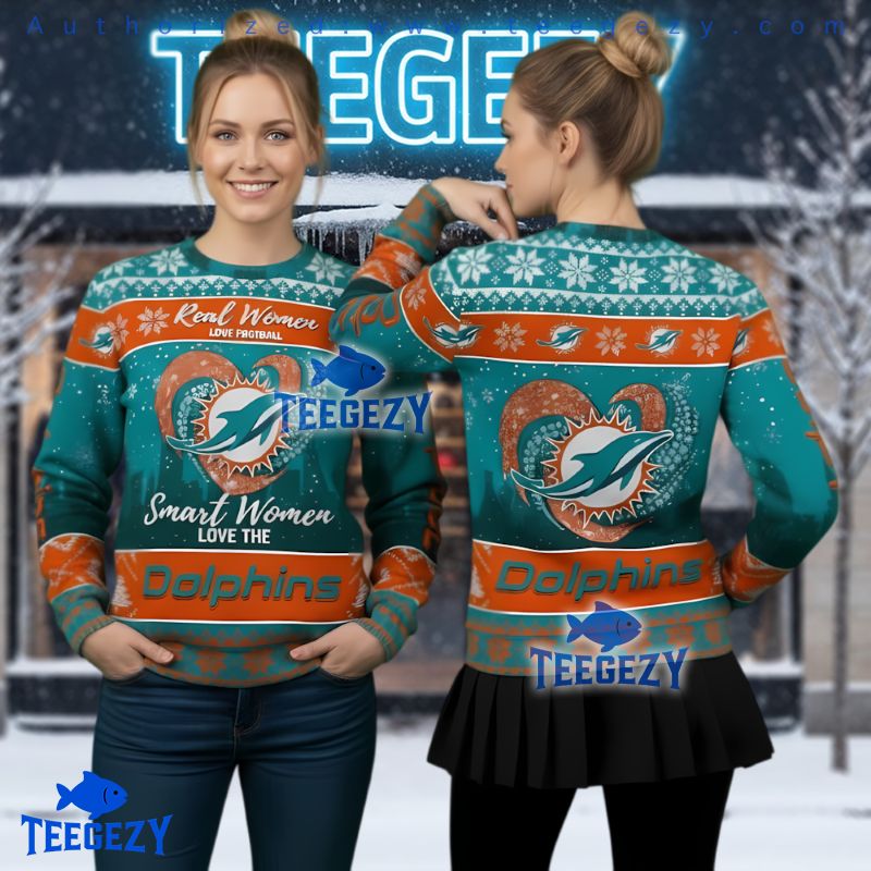 Miami Dolphins Real Women Love Football Ugly Christmas Sweater Miami Dolphins Real Women Love Football Ugly Christmas Sweater