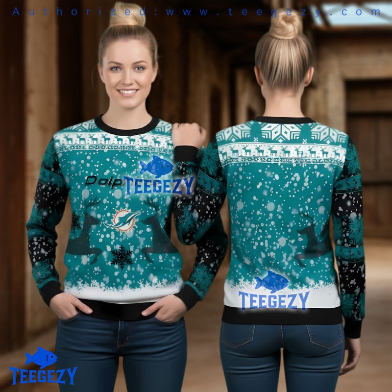 Miami Dolphins Reindeer Ugly Christmas Sweater Blue Black Snowfall