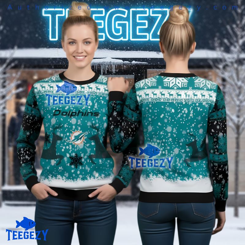 Miami Dolphins Reindeer Ugly Christmas Sweater Blue Black Snowfall Miami Dolphins Reindeer Ugly Christmas Sweater Blue Black Snowfall