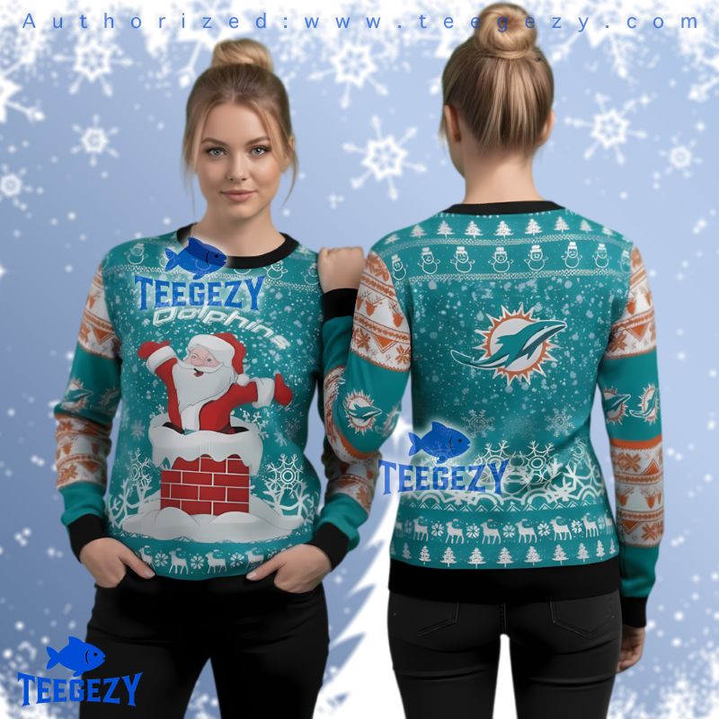 Miami Dolphins Santa Chimney Ugly Christmas Sweater 3D Print