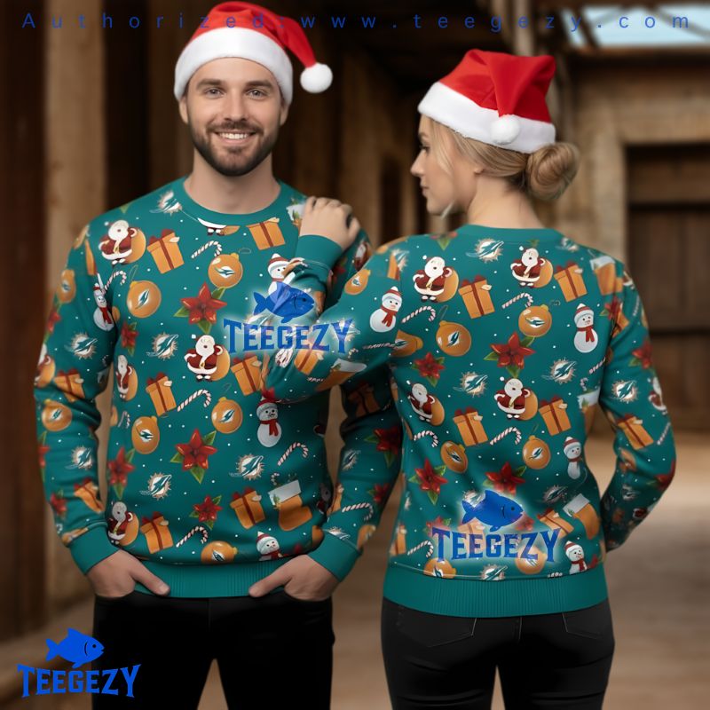 Miami Dolphins Santa Snowman Pattern Ugly Christmas Sweater 3D Print