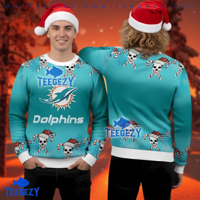 Miami Dolphins Skull Candy Cane Ugly Christmas Sweater Teal Blue