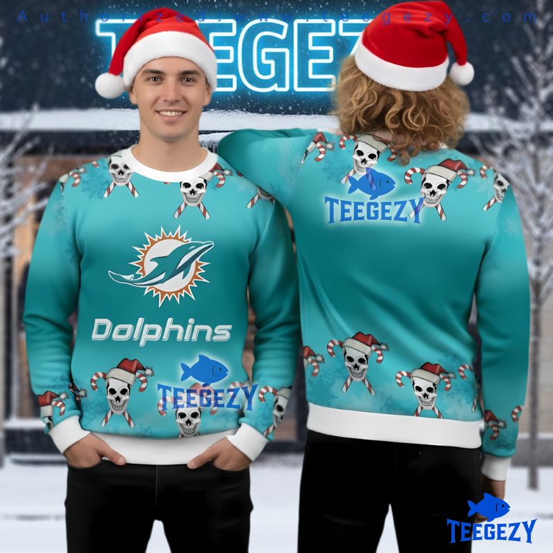 Miami Dolphins Skull Candy Cane Ugly Christmas Sweater Teal Blue Miami Dolphins Skull Candy Cane Ugly Christmas Sweater Teal Blue