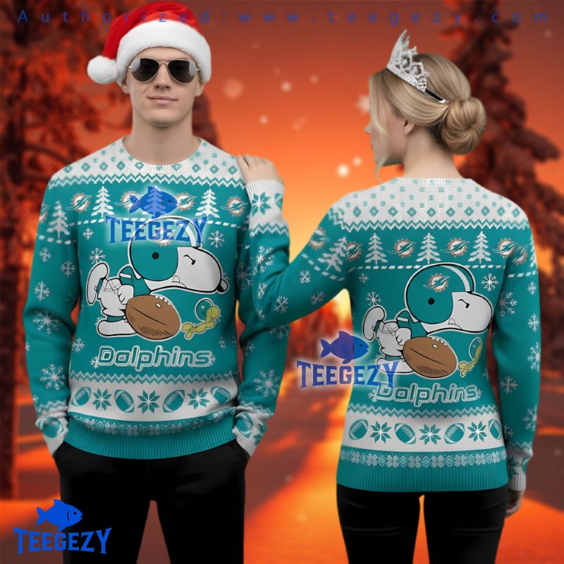Miami Dolphins Snoopy Playing Football Ugly Christmas Sweater