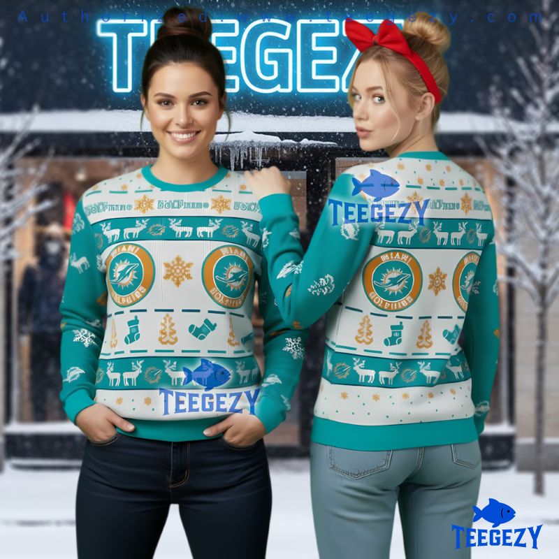 Miami Dolphins Snowflake Deer Pattern Ugly Christmas Sweater 3D Print Miami Dolphins Snowflake Deer Pattern Ugly Christmas Sweater 3D Print