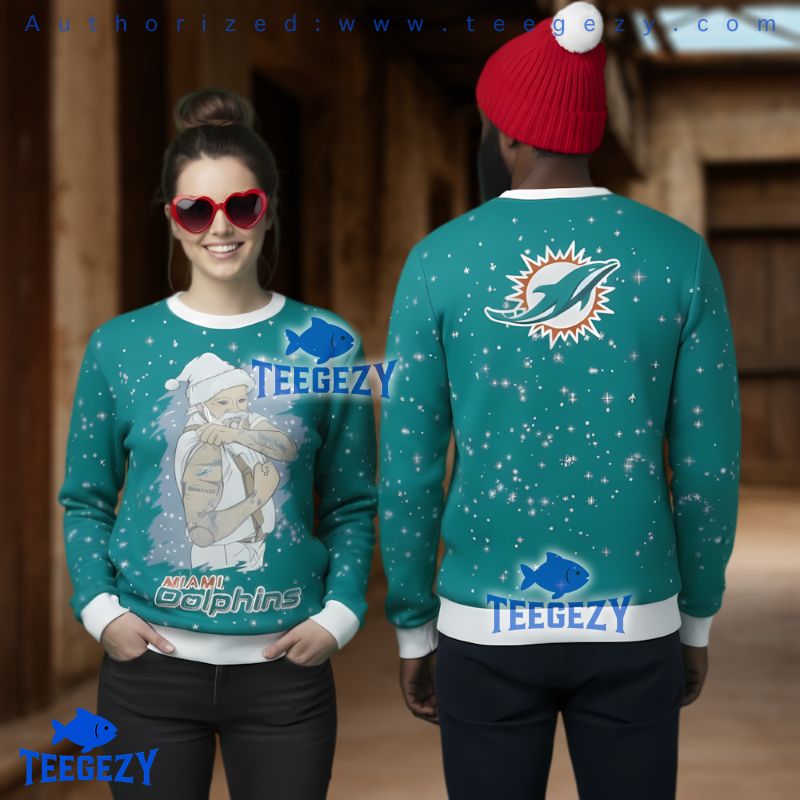 Miami Dolphins Tattoo Santa Ugly Christmas Sweater Teal Holiday Gift