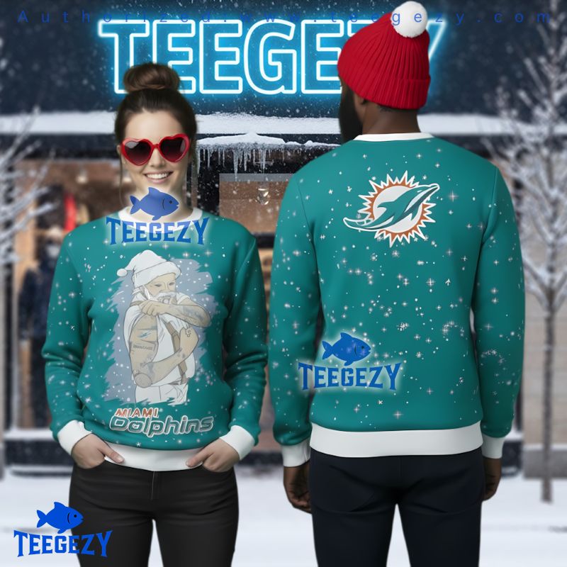 Miami Dolphins Tattoo Santa Ugly Christmas Sweater Teal Holiday Gift Miami Dolphins Tattoo Santa Ugly Christmas Sweater Teal Holiday Gift