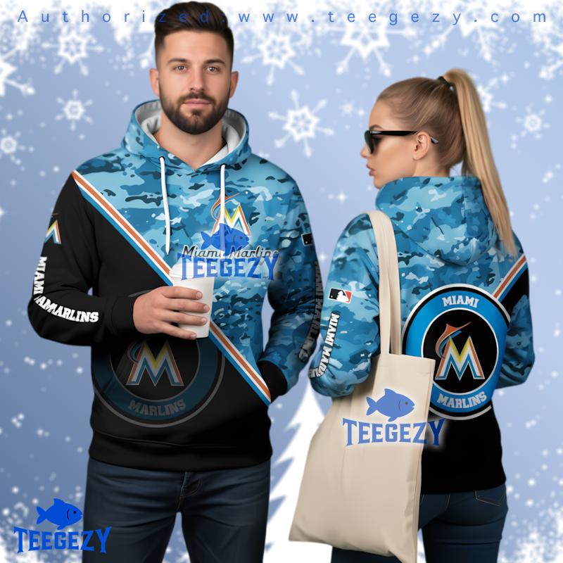 Miami Marlins Blue Camo Split Design 3D Pullover Hoodie Miami Marlins Blue Camo Split Design 3D Pullover Hoodie