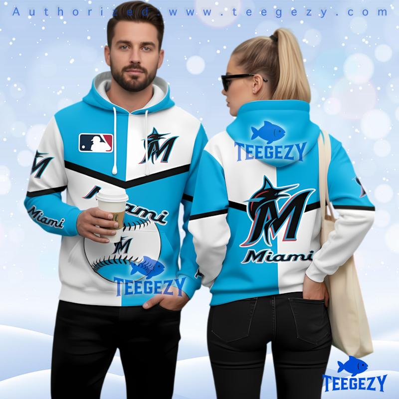 Miami Marlins Split Blue White Baseball 3D Hoodie Pattern Miami Marlins Split Blue White Baseball 3D Hoodie Pattern