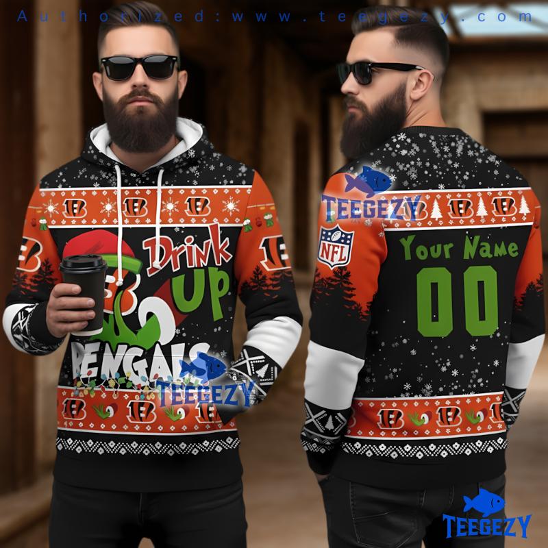 Personalized Cincinnati Bengals Grinch Drink Up 3D Ugly Hoodie Men