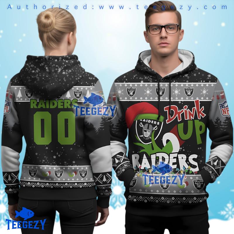 Personalized Las Vegas Raiders Grinch Drink Up Ugly Christmas 3D Hoodie Personalized Las Vegas Raiders Grinch Drink Up Ugly Christmas 3D Hoodie