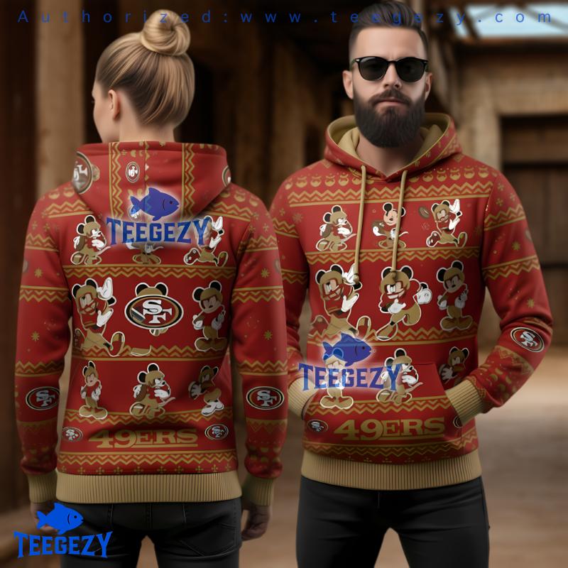 San Francisco 49Ers Red Gold Mickey Pattern Ugly Christmas 3D Hoodie San Francisco 49Ers Red Gold Mickey Pattern Ugly Christmas 3D Hoodie