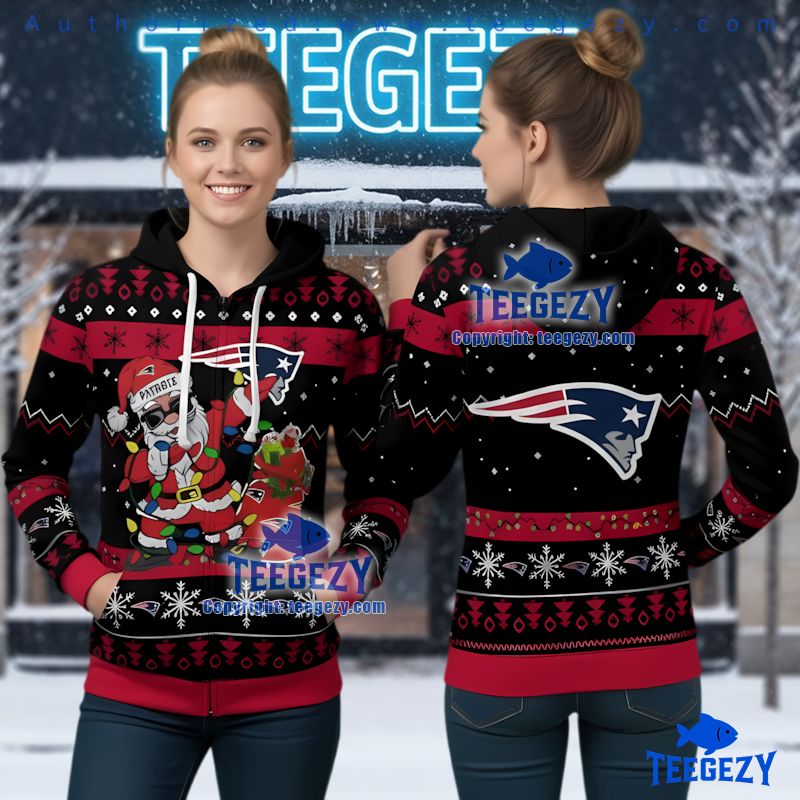 New England Patriots Cool Santa Ugly Christmas 3D Zip Up Hoodie New England Patriots Cool Santa Ugly Christmas 3D Zip Up Hoodie