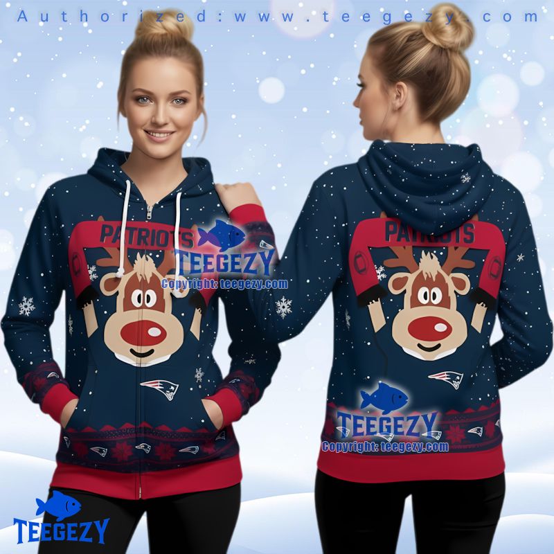 New England Patriots Cute Reindeer Red Nose Ugly Christmas 3D Hoodie