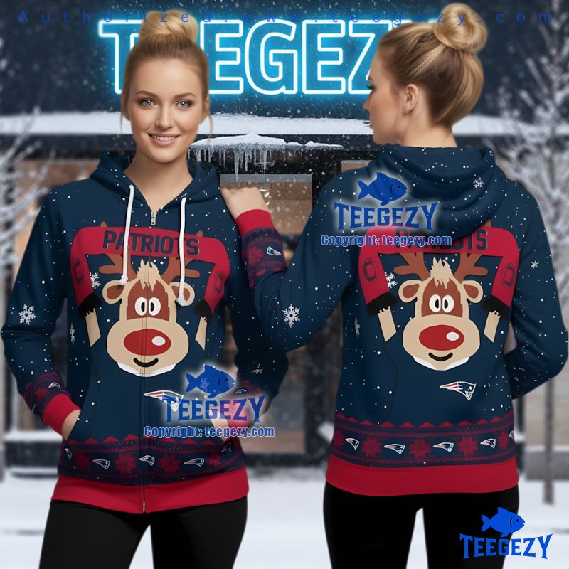 New England Patriots Cute Reindeer Red Nose Ugly Christmas 3D Hoodie New England Patriots Cute Reindeer Red Nose Ugly Christmas 3D Hoodie