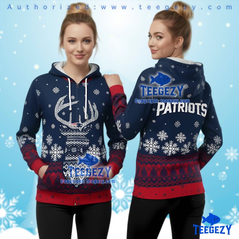 New England Patriots Deer Ugly Christmas 3D Full Zip Hoodie