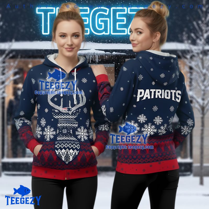 New England Patriots Deer Ugly Christmas 3D Full Zip Hoodie New England Patriots Deer Ugly Christmas 3D Full Zip Hoodie