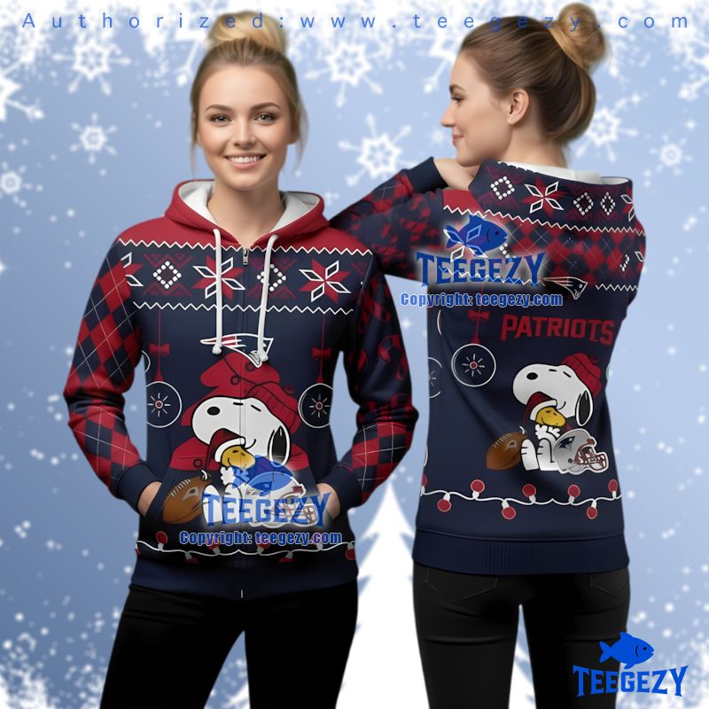 New England Patriots Festive Snoopy Woodstock Christmas 3D Zip Up Hoodie
