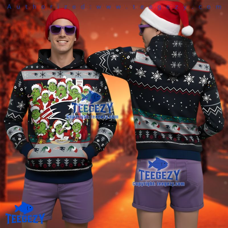 New England Patriots Funny Grinch Santa 3D Print Ugly Christmas Hoodie