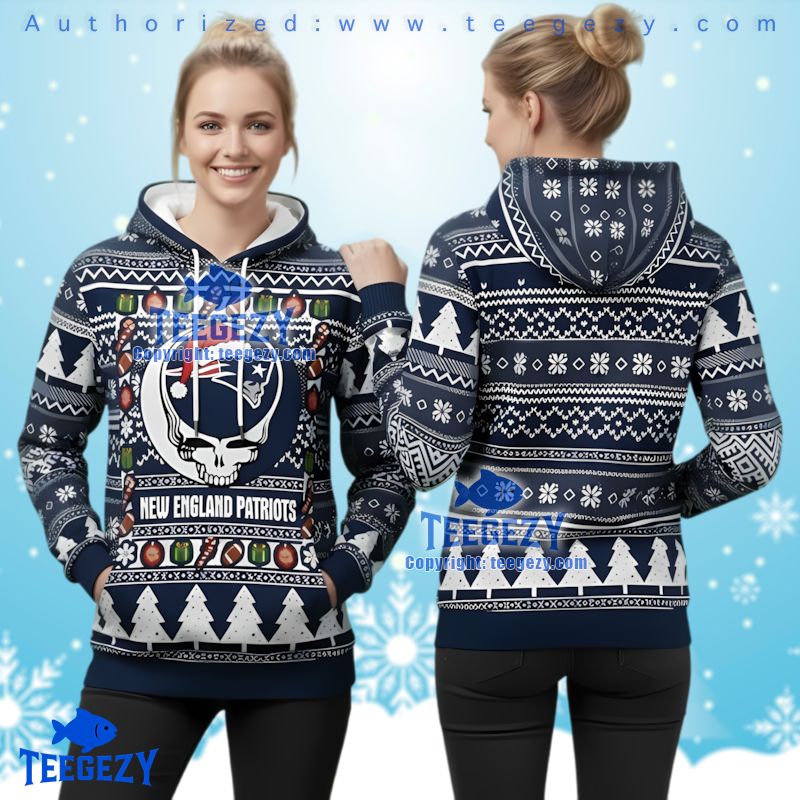 New England Patriots Grateful Dead Ugly Christmas 3D Hoodie Blue White