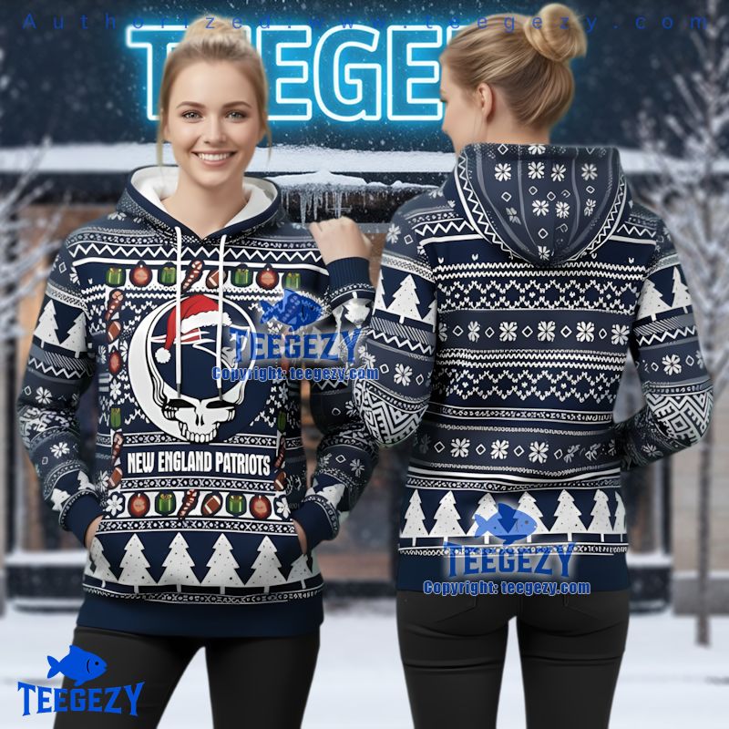 New England Patriots Grateful Dead Ugly Christmas 3D Hoodie Blue White New England Patriots Grateful Dead Ugly Christmas 3D Hoodie Blue White