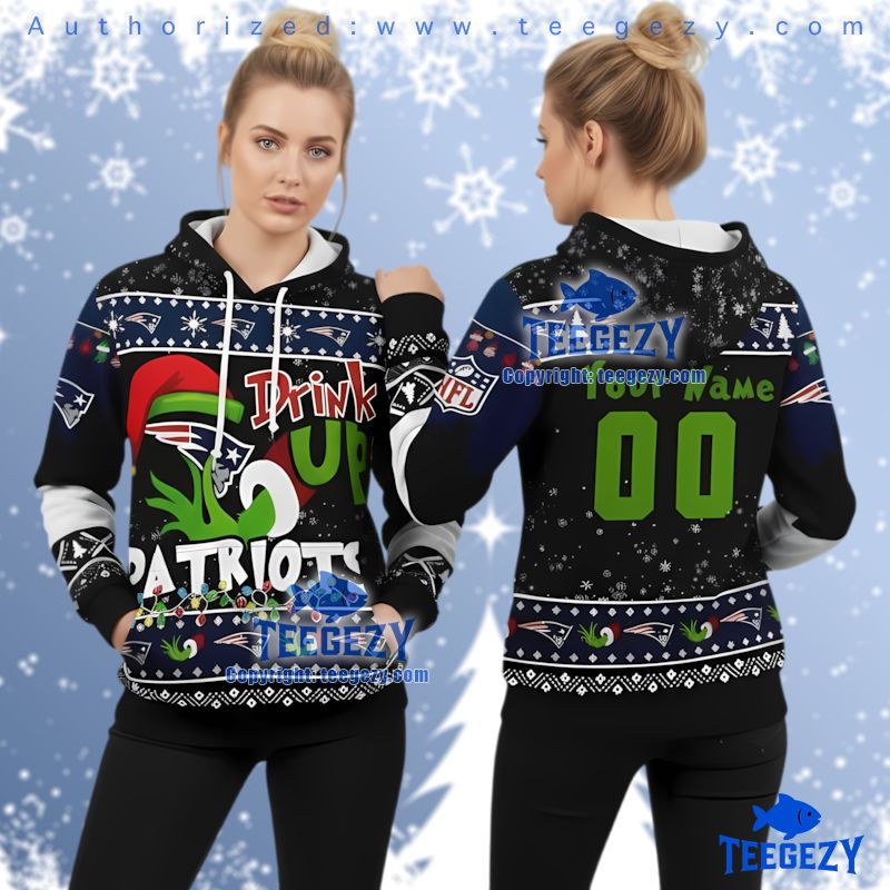 New England Patriots Grinch Drink Up Ugly Christmas 3D Hoodie