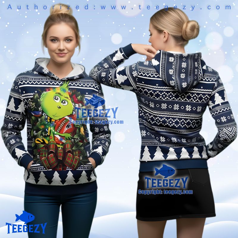 New England Patriots Grinch Hug Ugly Christmas 3D Hoodie Blue White