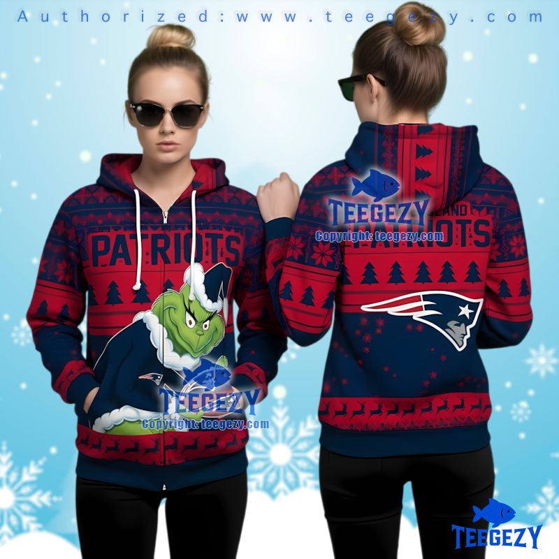New England Patriots Grinch Santa Blue Red Ugly Christmas 3D Hoodie